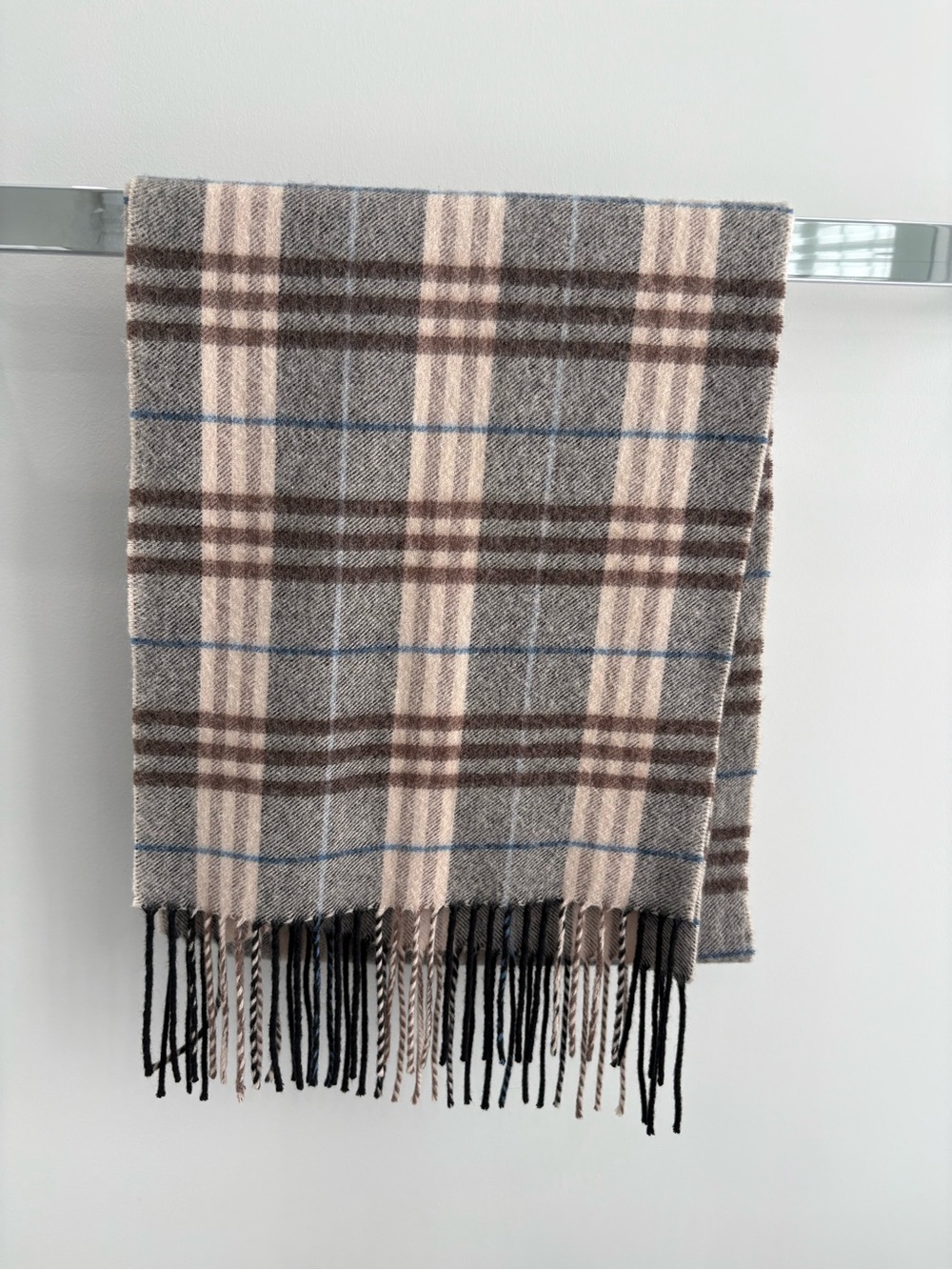70% wool, 30% cashmere Plaid Fringe Scarf in Gray, Brown & Cream